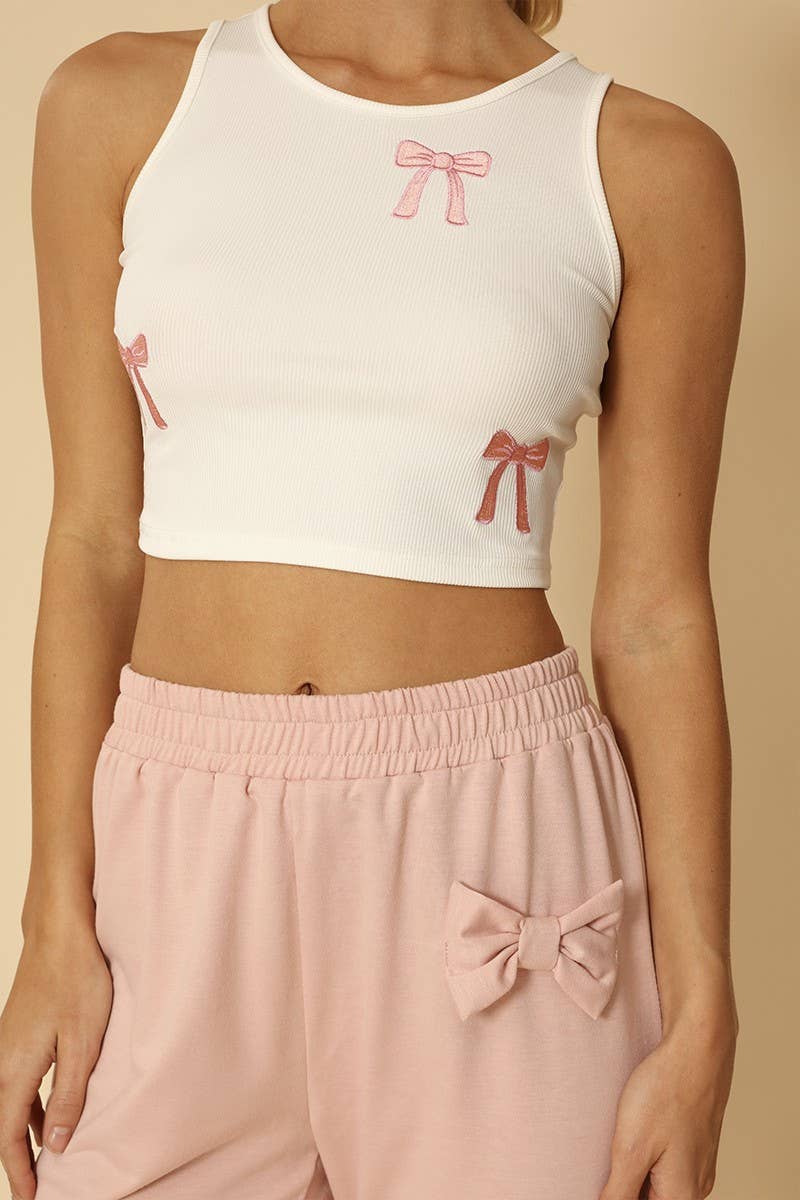 Ribbed Cropper Knit Bow Embroidered Tank