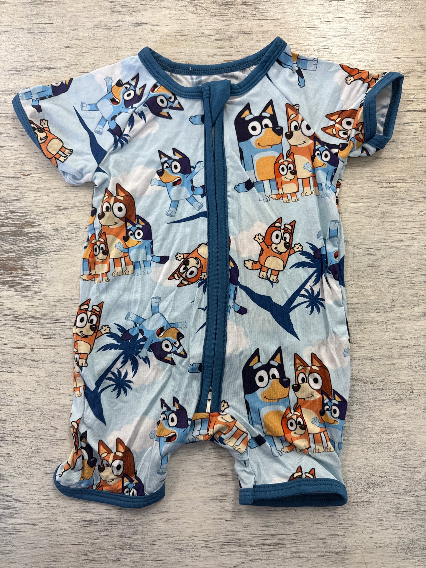 Blue dog palm tree shorts romper bamboo