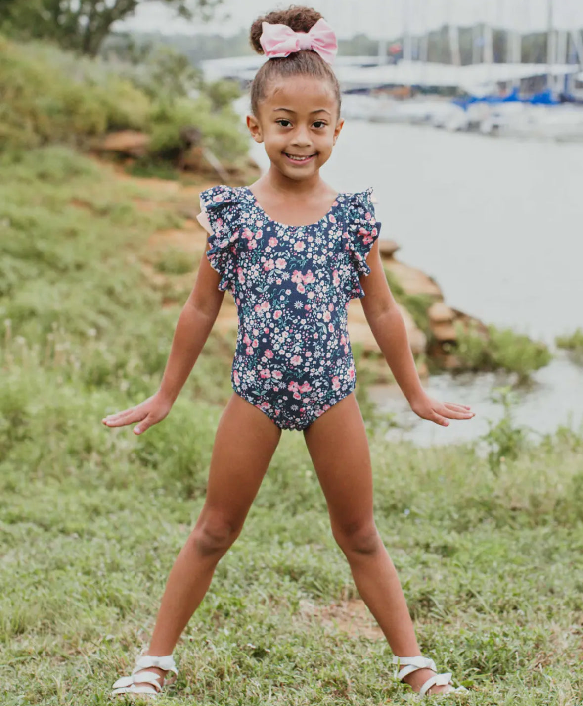 Moonlit Meadow Floral Ruffle Sleeve One Piece Swimsuit