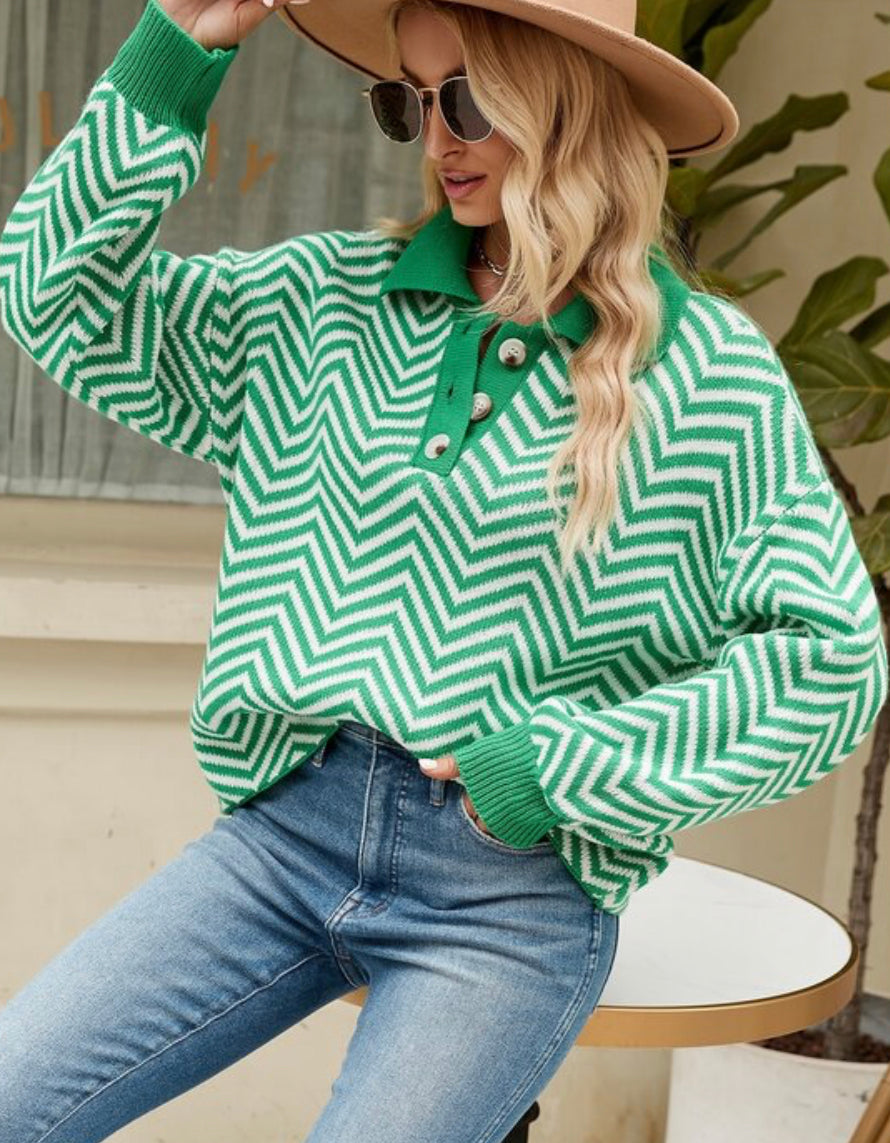 Chevron Collared Button Sweater