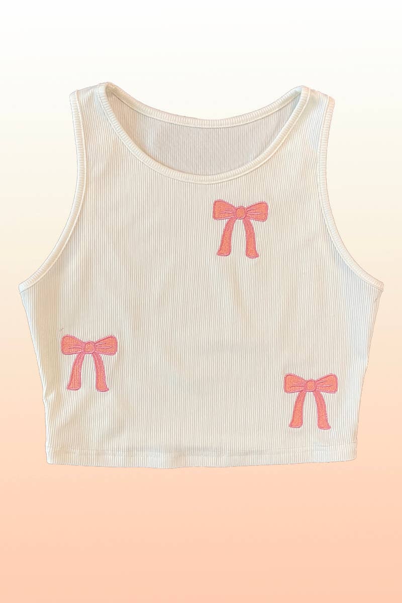 Ribbed Cropper Knit Bow Embroidered Tank