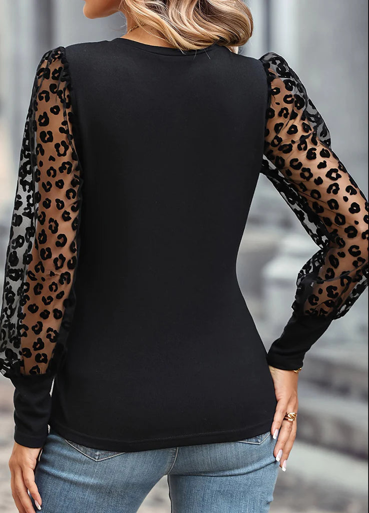 Black Leopard Puff Sleeve Top