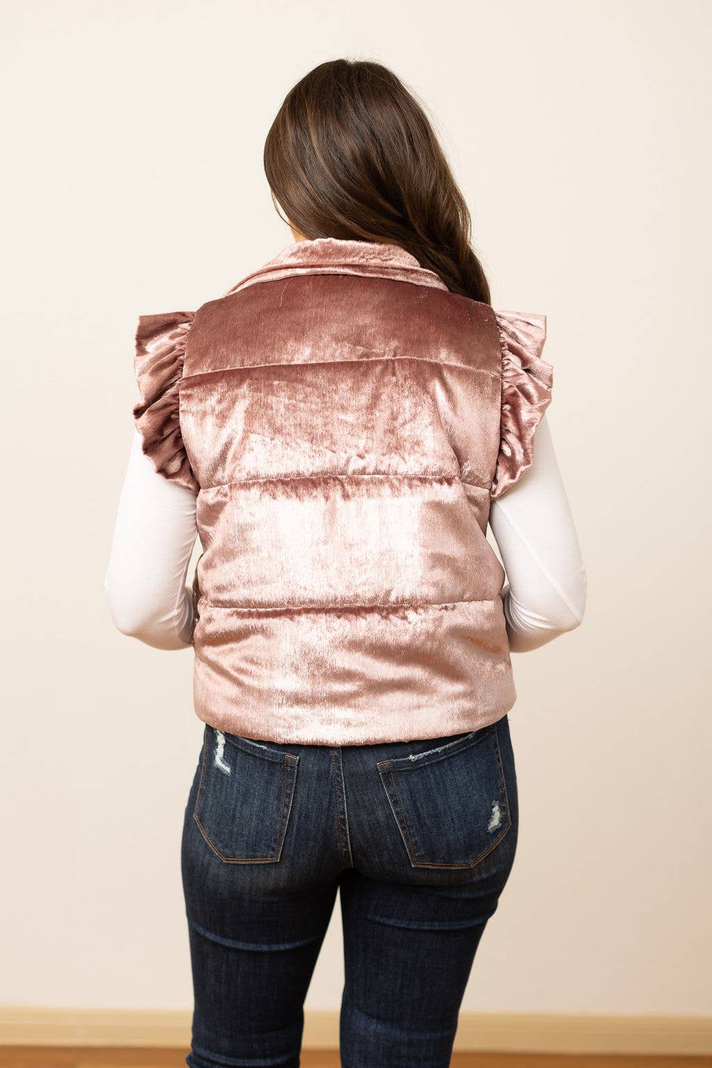 Champagne Shimmer Ruffle Sleeve Puff Vest