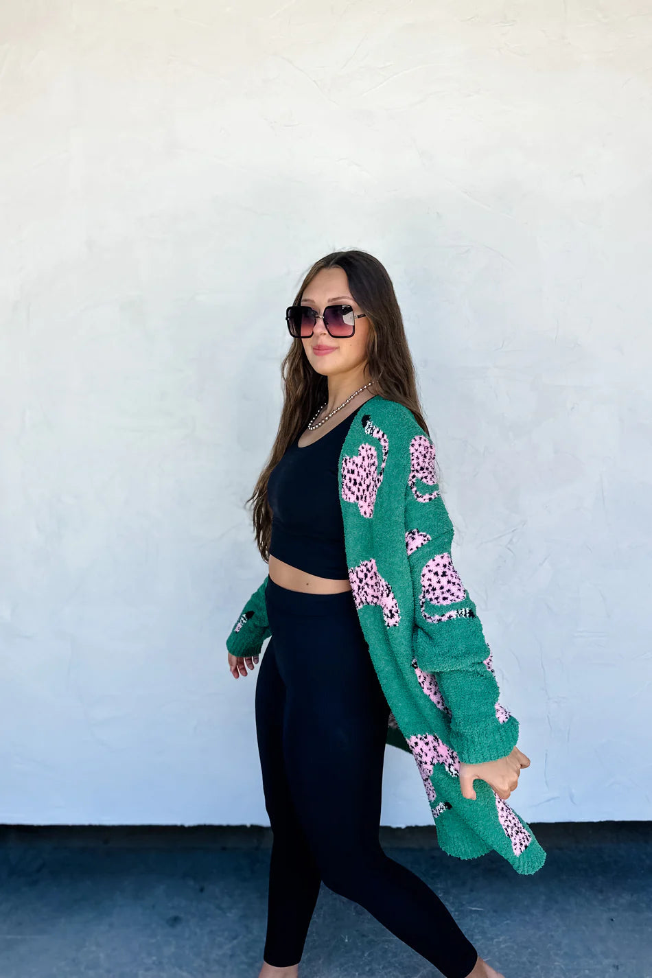 Green & Pink Leopard Cloud Cardigan Sweater