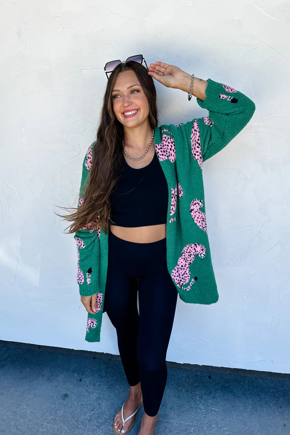 Green & Pink Leopard Cloud Cardigan Sweater