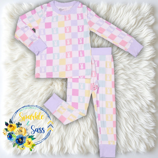 Checkered Easter Bunny Two Piece Bamboo Pajamas