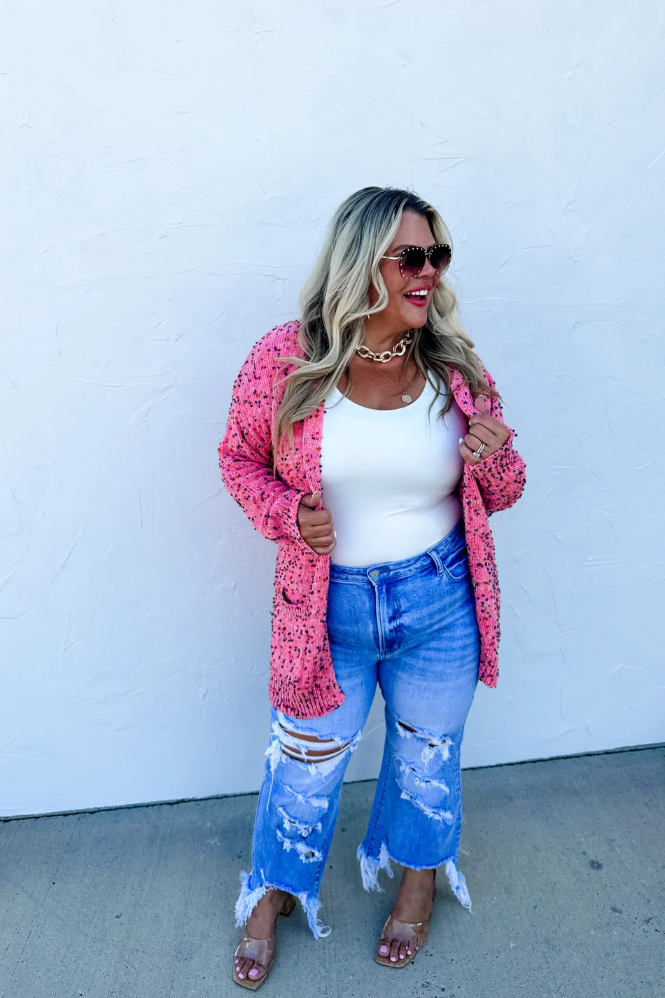 Bubble Gum Pink Confetti Dot Cardigan Sweater