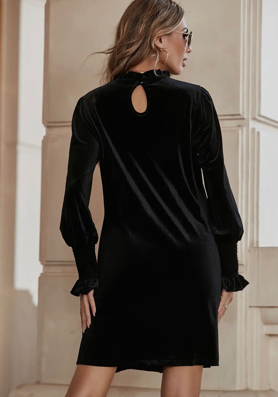 Black Velvet Ruffle Neck Long Sleeve Dress