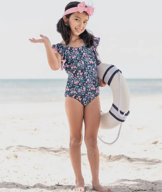 Moonlit Meadow Floral Ruffle Sleeve One Piece Swimsuit