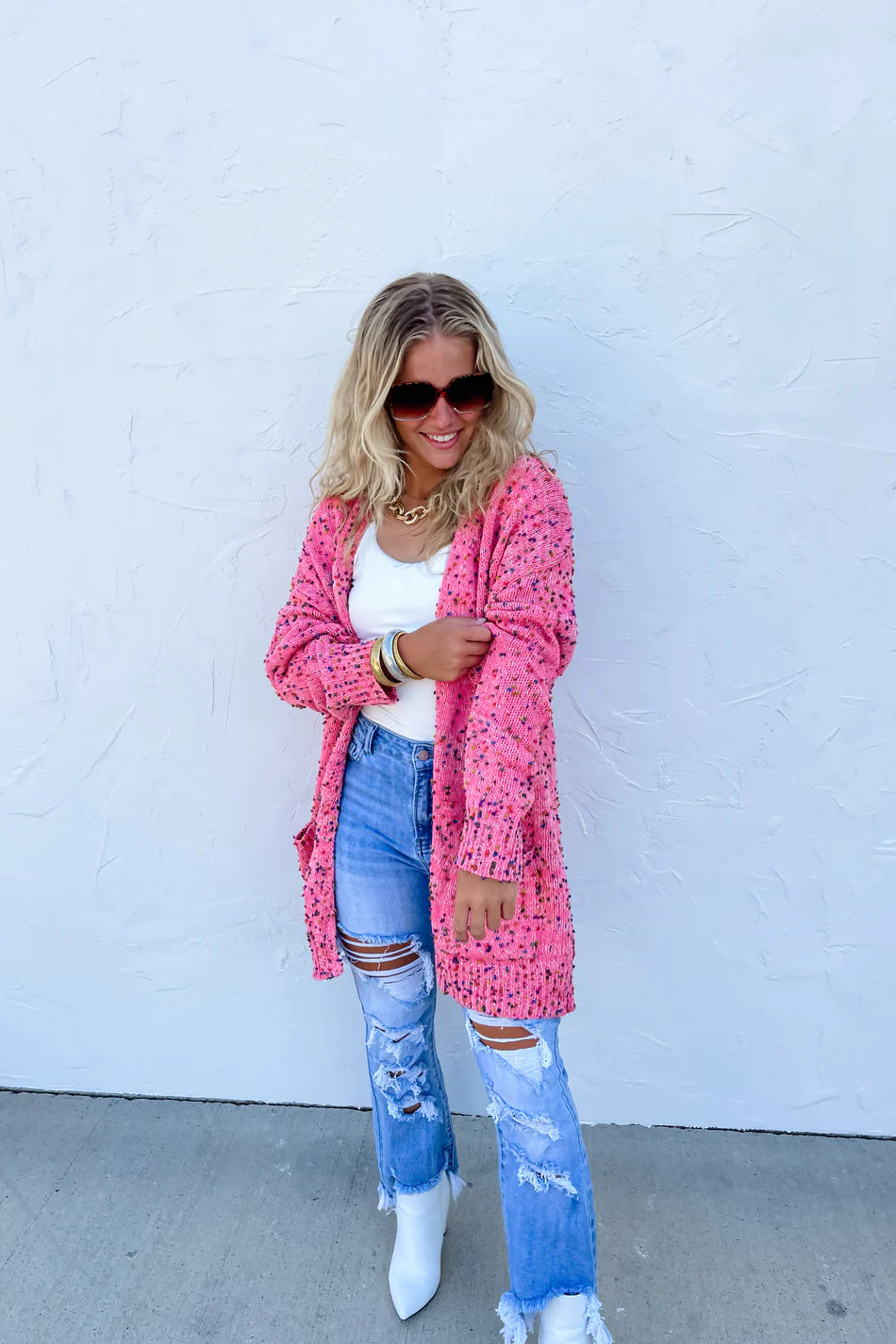 Bubble Gum Pink Confetti Dot Cardigan Sweater