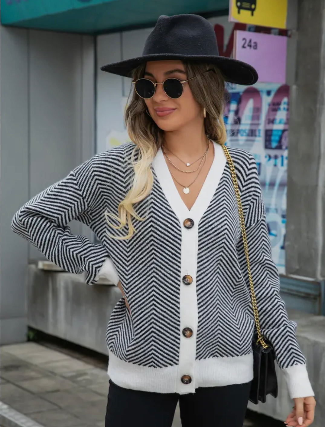 Chevron Contrast Trim Button Sweater Cardigan