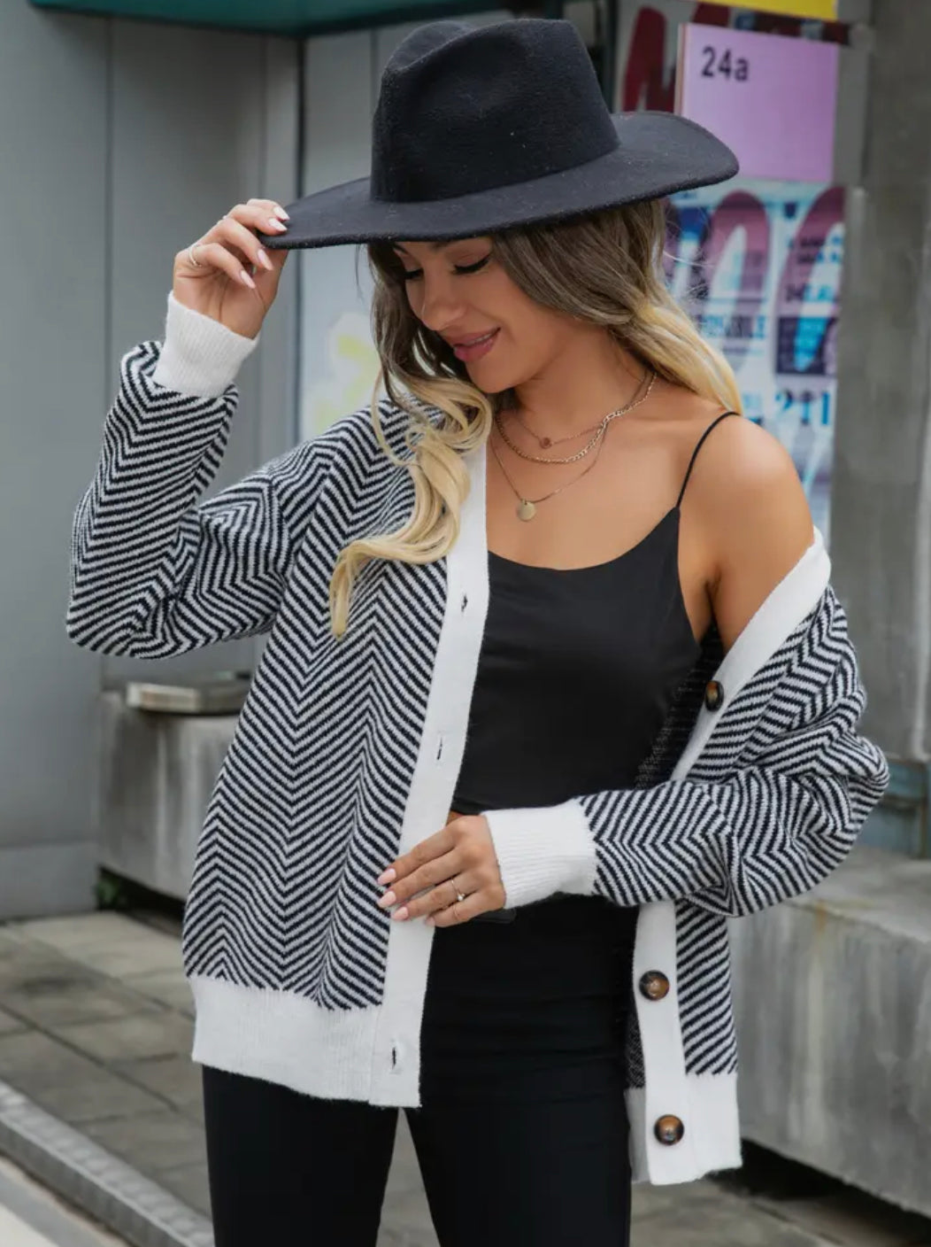 Chevron Contrast Trim Button Sweater Cardigan