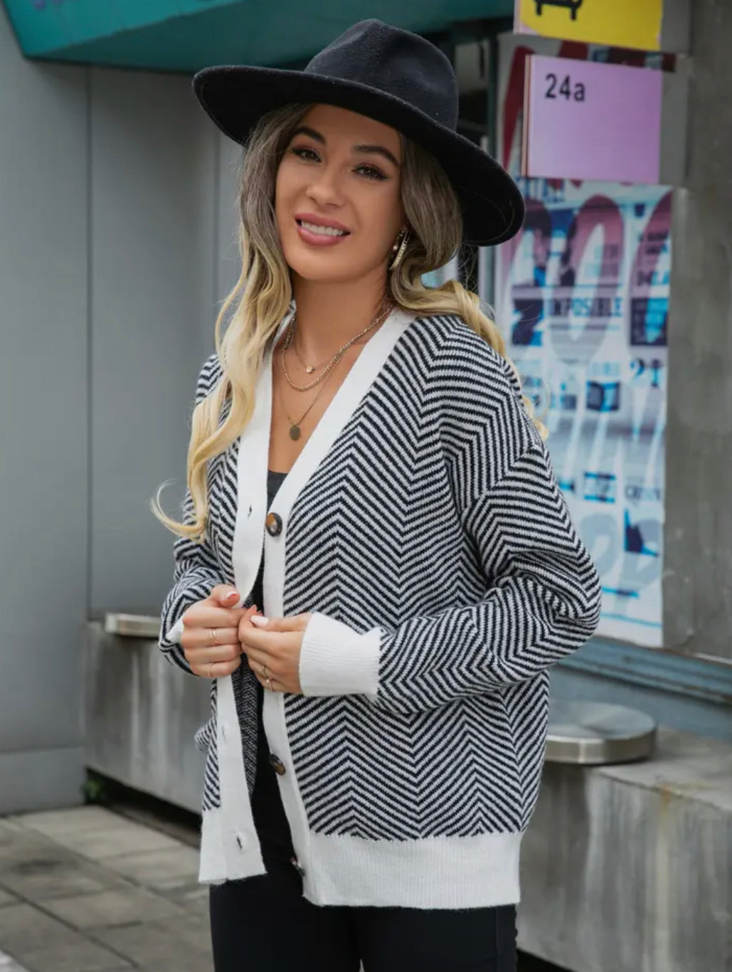 Chevron Contrast Trim Button Sweater Cardigan